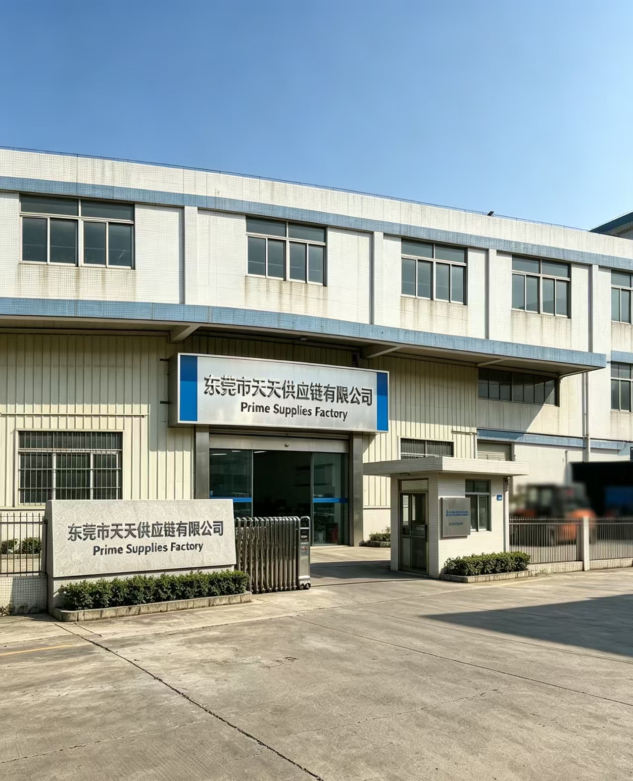 Front‑view real photo of Dongguan Tiantian Supply Chain Co.,Ltd Prime Supplies Factory, OEM ODM manufacturer for PSA card sleeves, trading card holders, premium phone cases in Dongguan Guangdong China