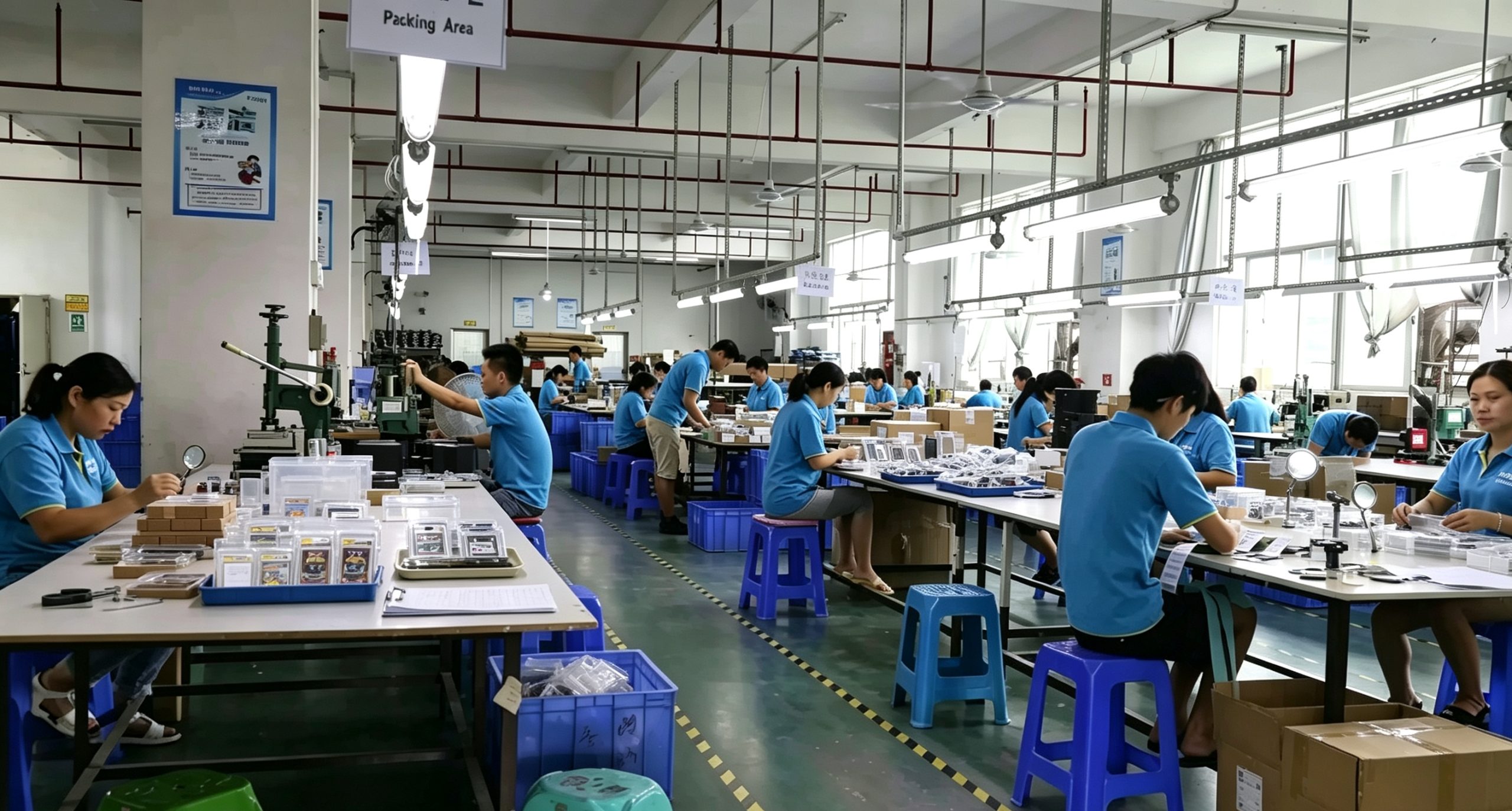 Packing and quality check area in Dongguan factory, workers inspecting and packing PSA card sleeves, card holders and custom phone cases for bulk wholesale shipment